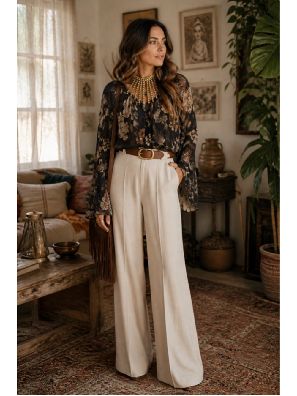Women's VENUS Black Floral Sparkle Blouse with Gold Collar M